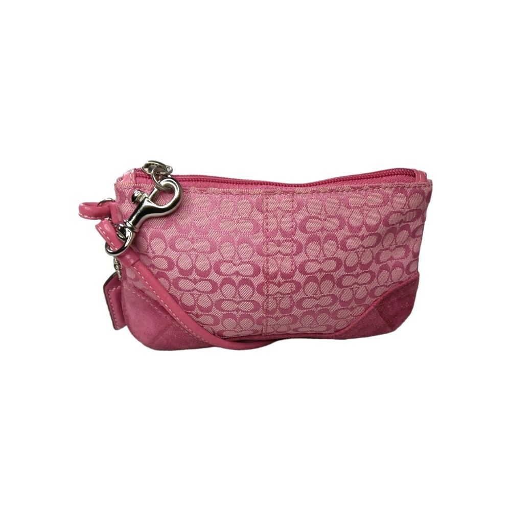 Vintage Y2K Coach Pink Wristlet Wallet Signature Canvas Suede Trim